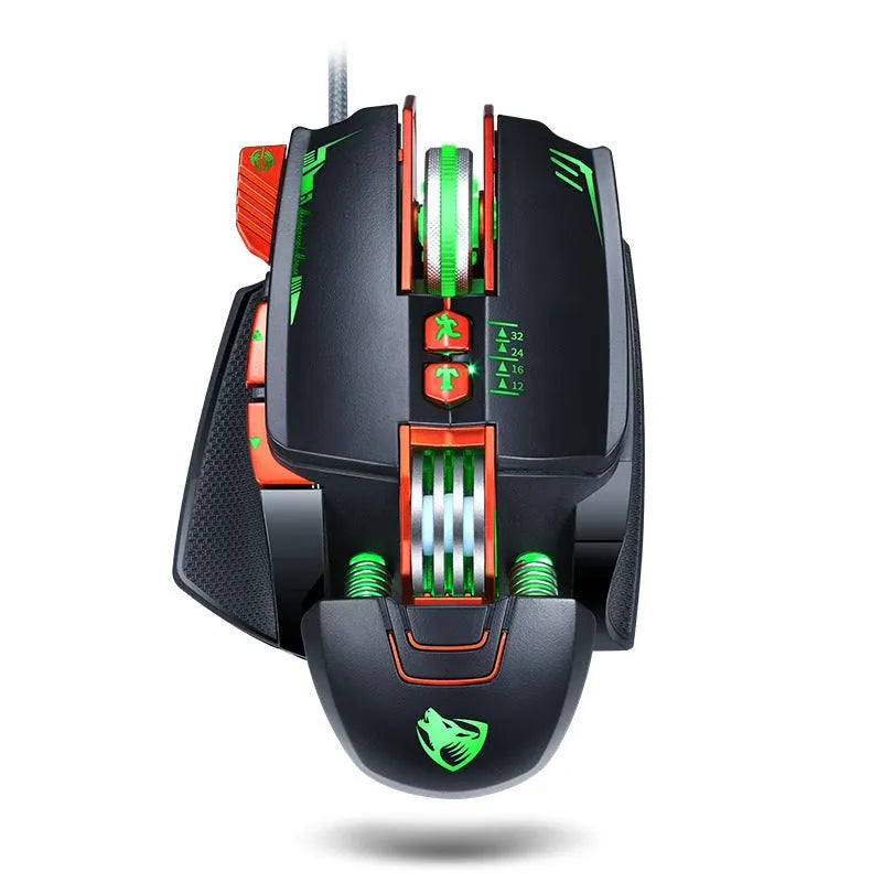 Thunder Wolf V9 black wired gaming mouse with six keys on desktop