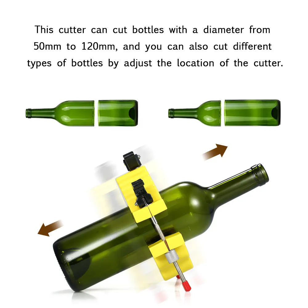 Yellow adjustable bottle cutting tool for glass bottles on a wooden table.