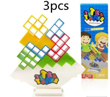 Plastic balance stacking board game with 16 colourful blocks on chassis and base