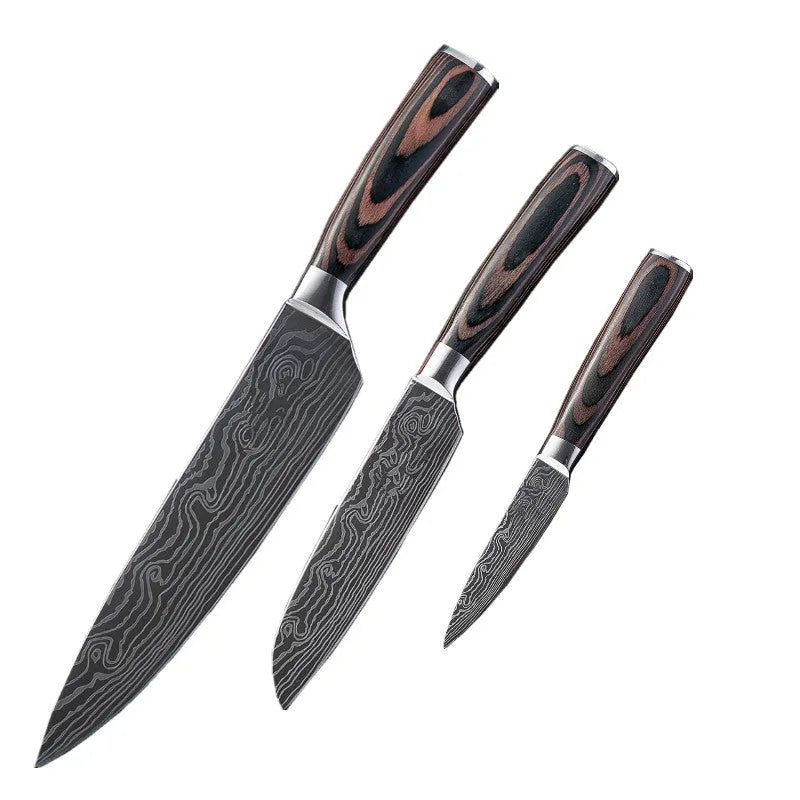 Chef knife with laser Damascus pattern on 7CR17 steel blade and colour steel handle.