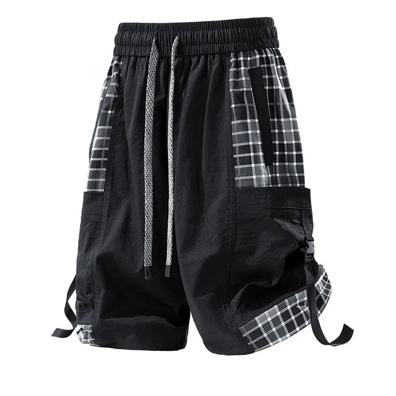 Men's loose cargo shorts with plaid stitching design in polyester micro-elastic fabric available in three colours