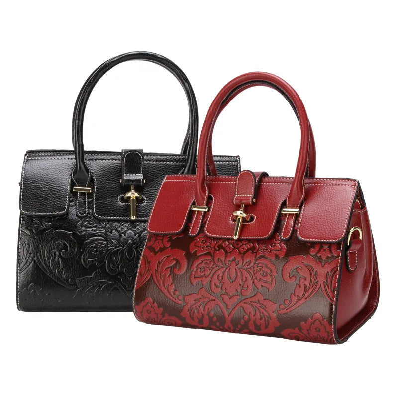 Vintage oval crossbody women's bag in genuine leather with embossed design and internal compartments
