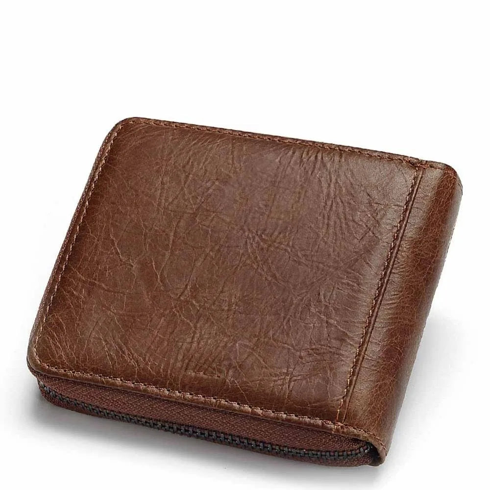 Men's coffee coloured genuine leather wallet with vintage locomotives pattern and multiple compartments