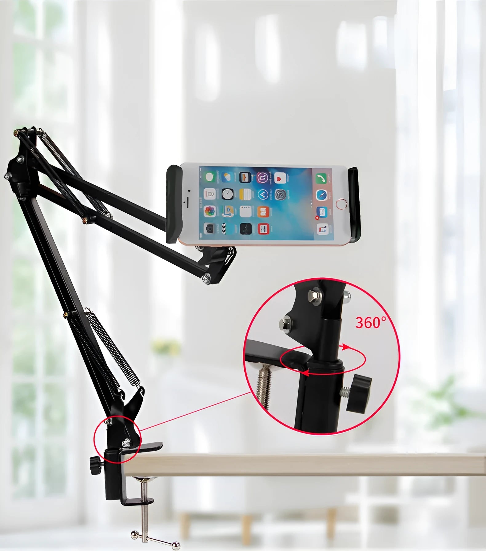 Black and white adjustable phone and tablet stand on a flat surface