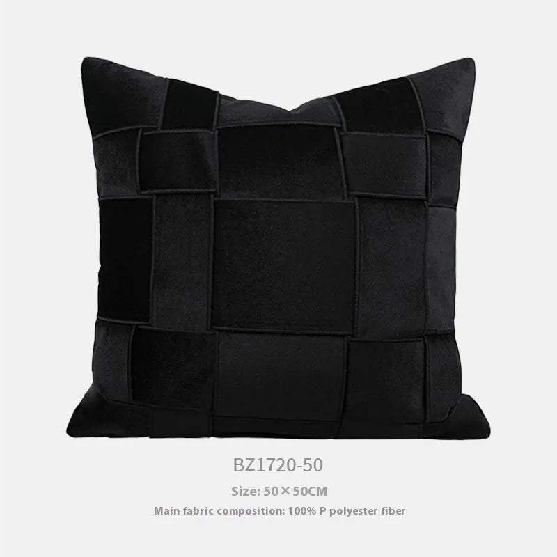 Square 50x50cm chenille woven cushion in a choice of colours like retro green or beige, shown on a sofa.