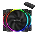 Three black 120mm PC cooling fans with illuminated RGB blades on a dark background.