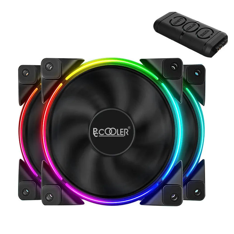 Three black 120mm PC cooling fans with illuminated RGB blades on a dark background.