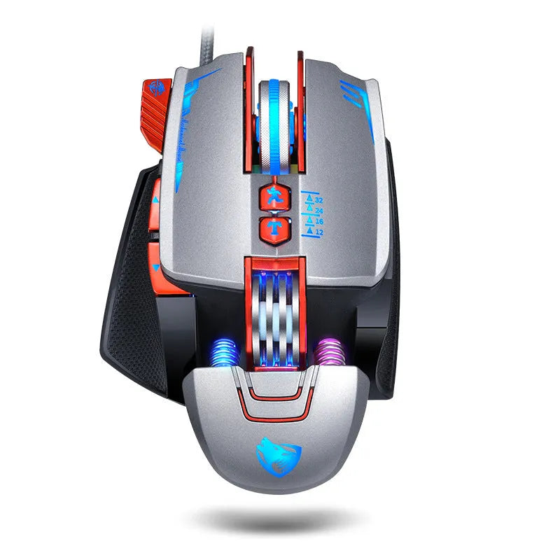 Thunder Wolf V9 black wired gaming mouse with six keys on desktop