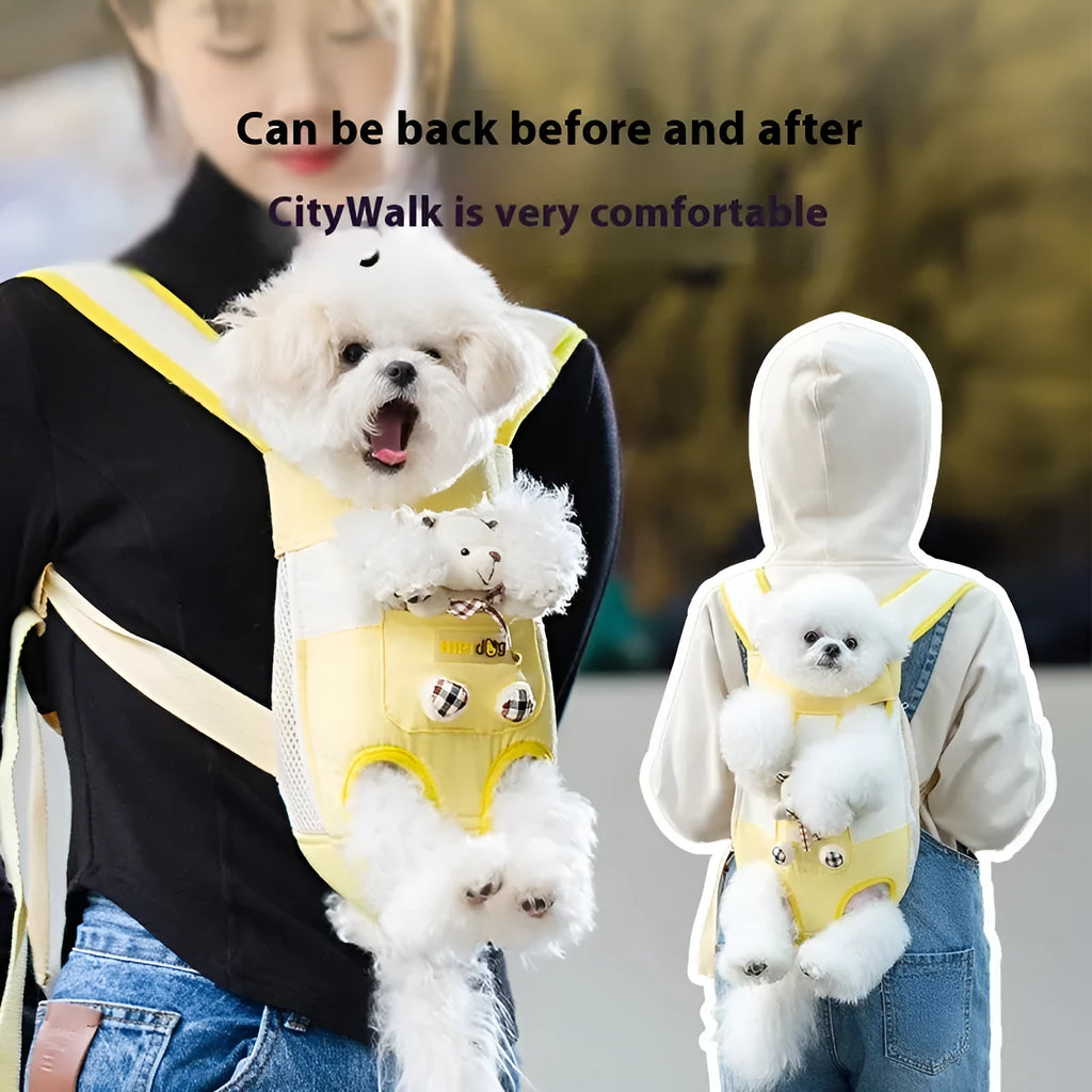 Canvas pet carrier bag with cartoon animal pattern and colourful stitching in four size options
