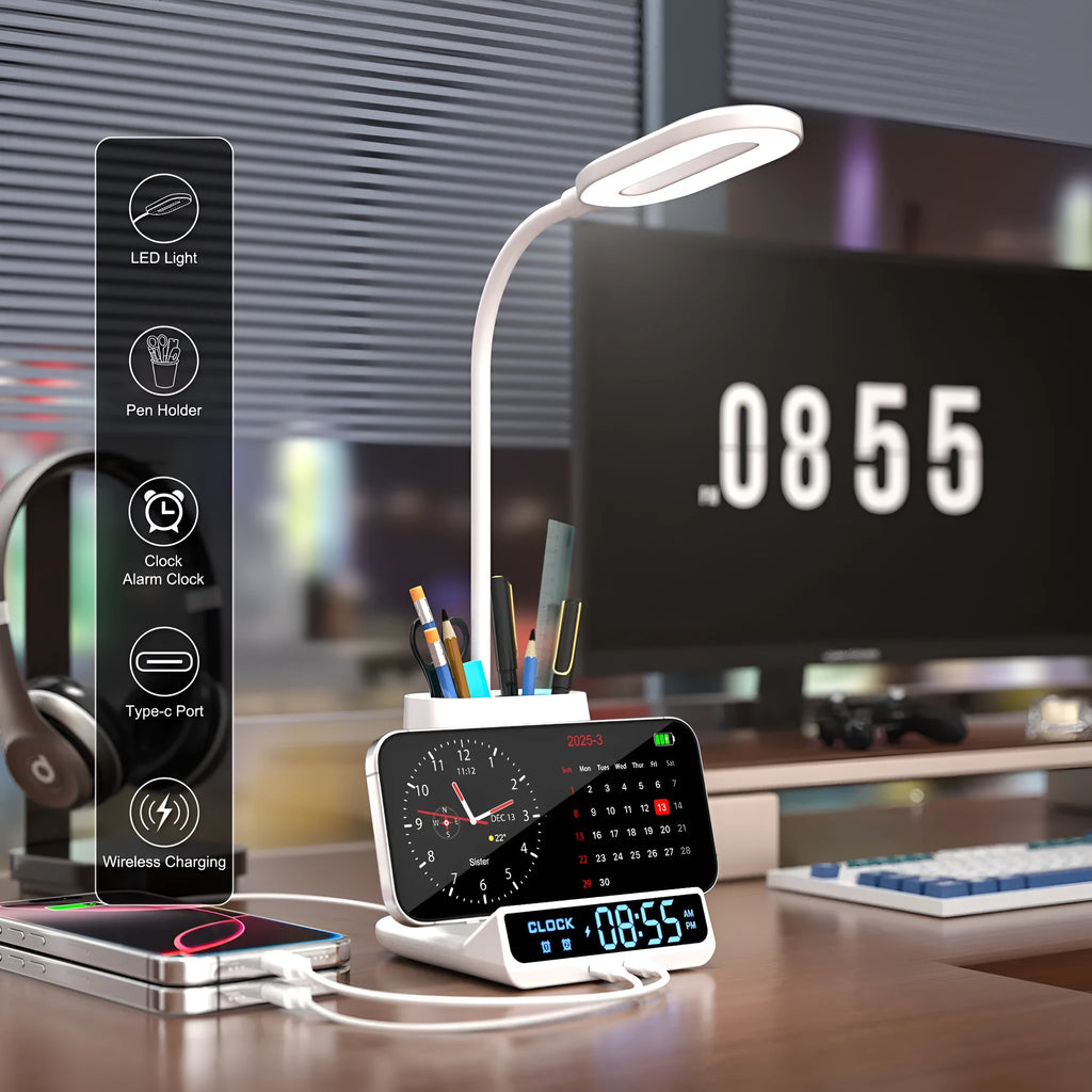Wireless charging desk lamp with integrated pen holder and storage compartments in modern simplicity design