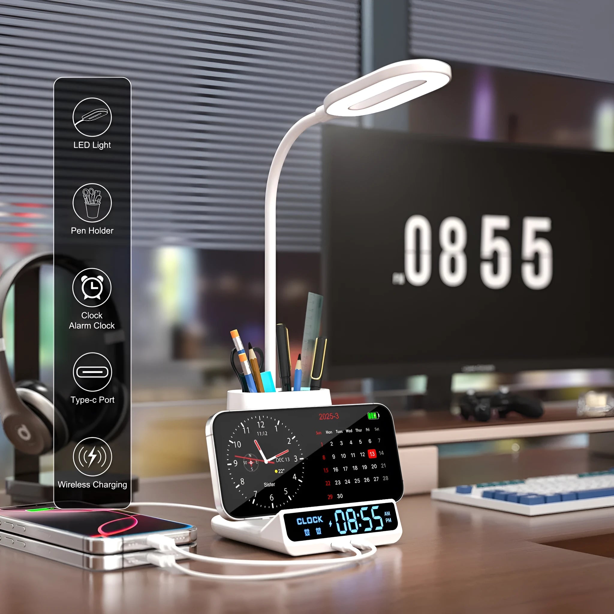 Wireless charging desk lamp with integrated pen holder and storage compartments in modern simplicity design
