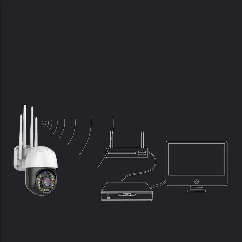 Outdoor dome surveillance camera with 360-degree rotation capability showing 5MP resolution and infrared night vision