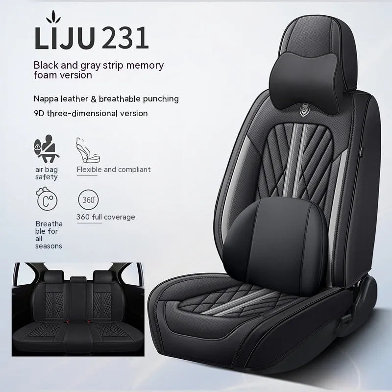 Five car seat cushions in various colour options including striped patterns and solid shades