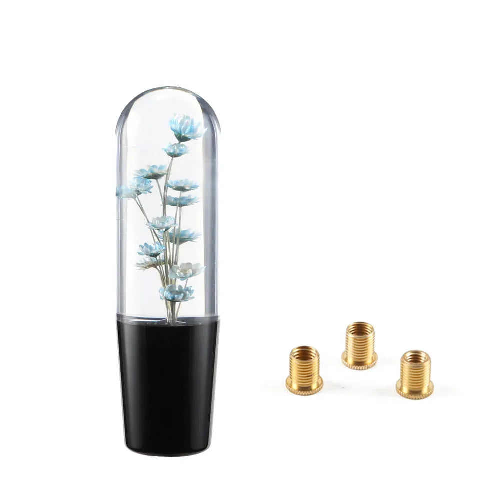 15cm transparent crystal car gear head with water flower design, shown with three metal adapters.