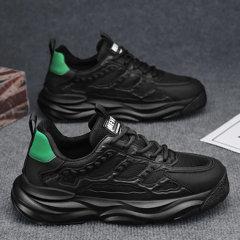 Men's solid colour breathable mesh trainers in black or white with round toe