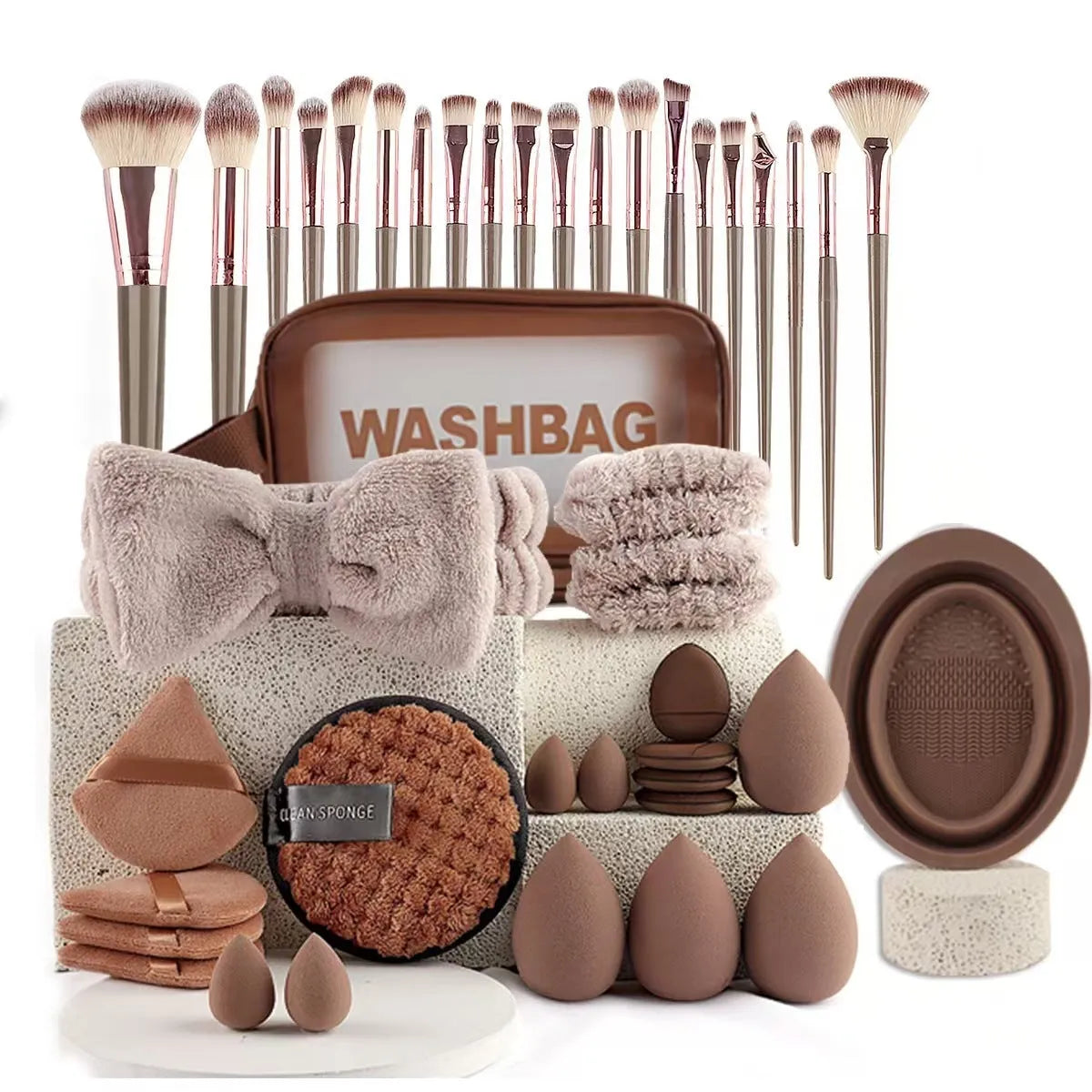 Hydrophilic non-latex beauty tools set in brown, pink and purple colours for facial cleansing and makeup