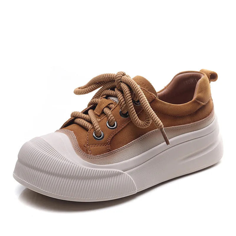 Women's casual lace-up shoes in cameo brown and yellow featuring round toe and first layer cowhide upper