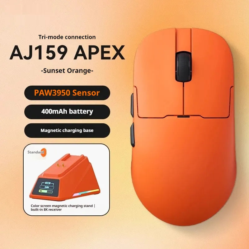AJ159 white and black gaming mouse with three-mode connectivity on a mouse mat