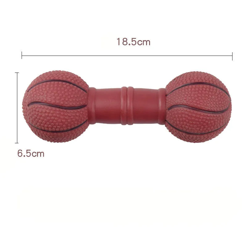 Colourful PVC squeaky dog toy shaped like a football dumbbell on a white background.