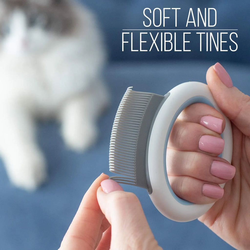 Blue plastic pet grooming comb with soft teeth and ergonomic handle for cats and dogs