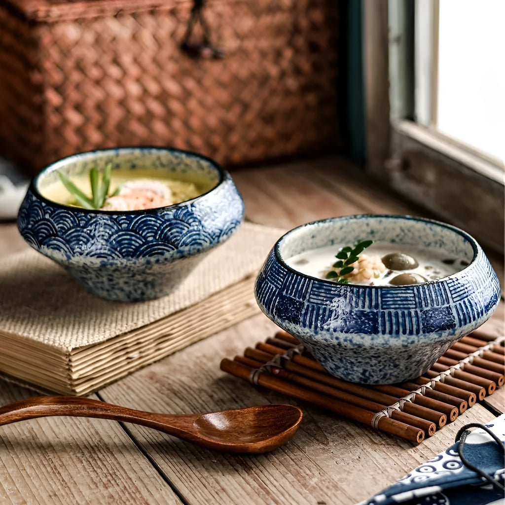 Ceramic Japanese soup bowl with stone conch bowl pattern, porcelain construction, microwave safe