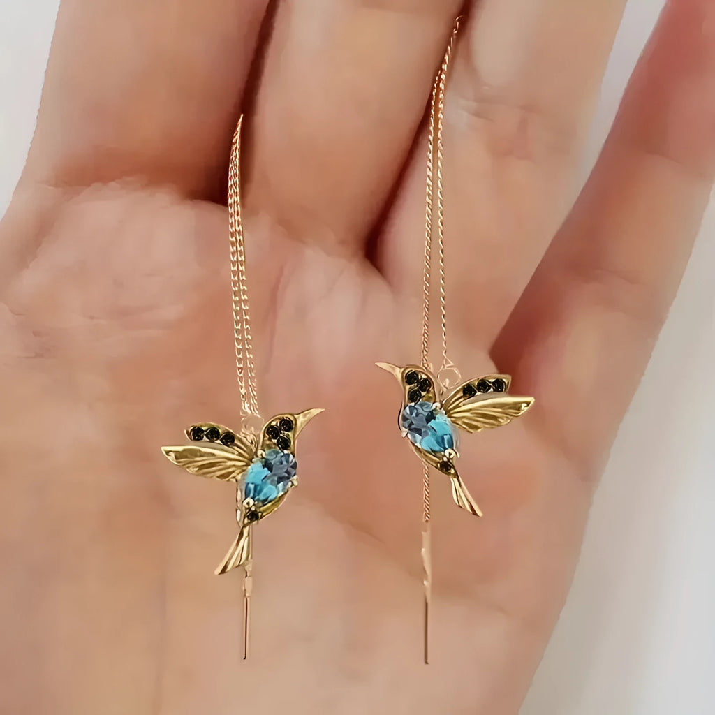 Personalised bird hanging long style earrings with zirconium wing detailing in red, blue, and red lvzuan colour options