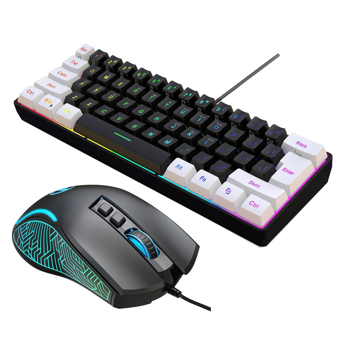 Simple wired 61-key membrane keyboard with compact UK layout in white and black colour scheme
