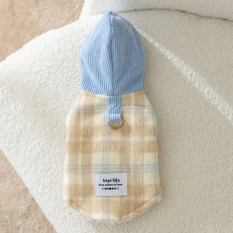 Blue chessboard grid hooded dog vest with traction features on corduroy fabric