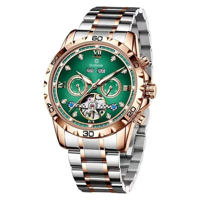 Men's automatic mechanical watch with stainless steel strap and mineral glass in business style