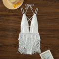 White women's one-piece swimsuit with deep V-neck and tassel detail on a brief cut.