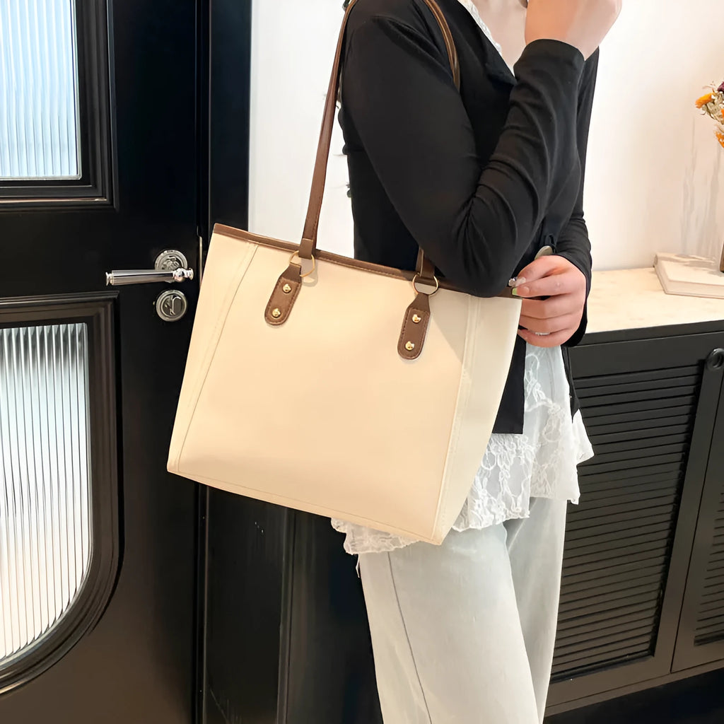 Korean style horizontal square shoulder underarm bag in PU with sandwich pocket, shown in beige colour.