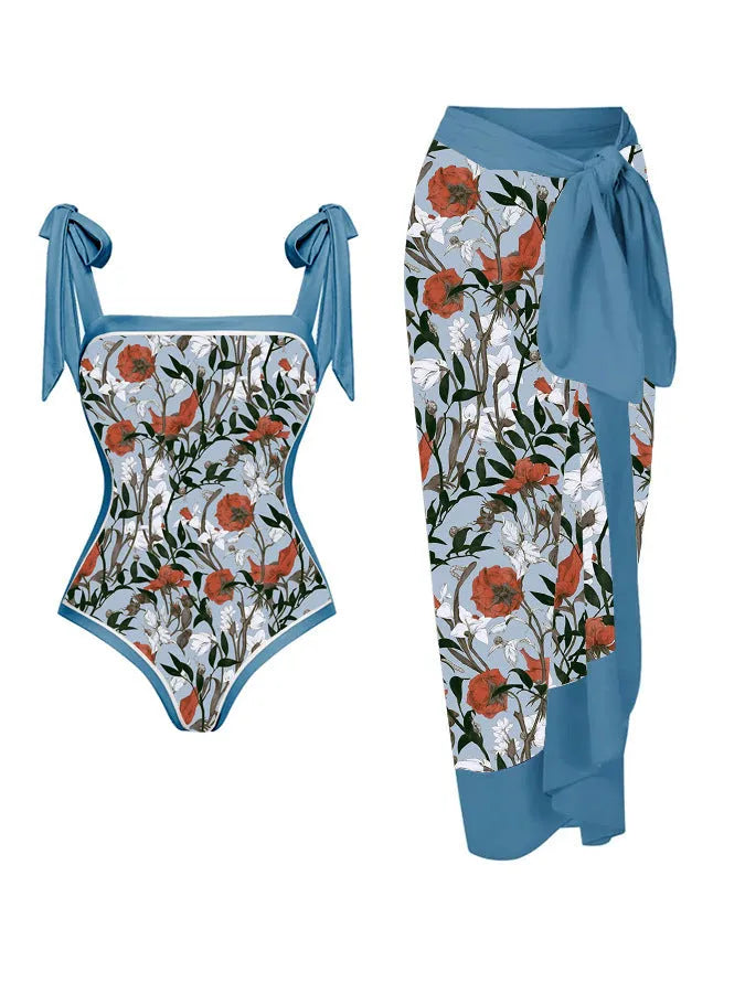 Women's printed two-piece chiffon swimsuit with matching hip skirt in polyester fabric