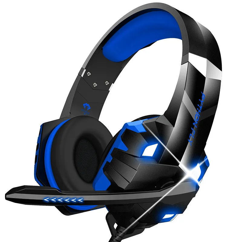 Wired gaming headset with LED breathing light and microphone in blue colour showing 3.5mm plug