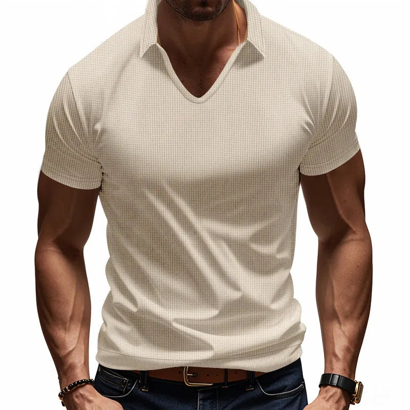 Men's casual V-neck t-shirt in loose fit with short sleeves, shown in light blue colour