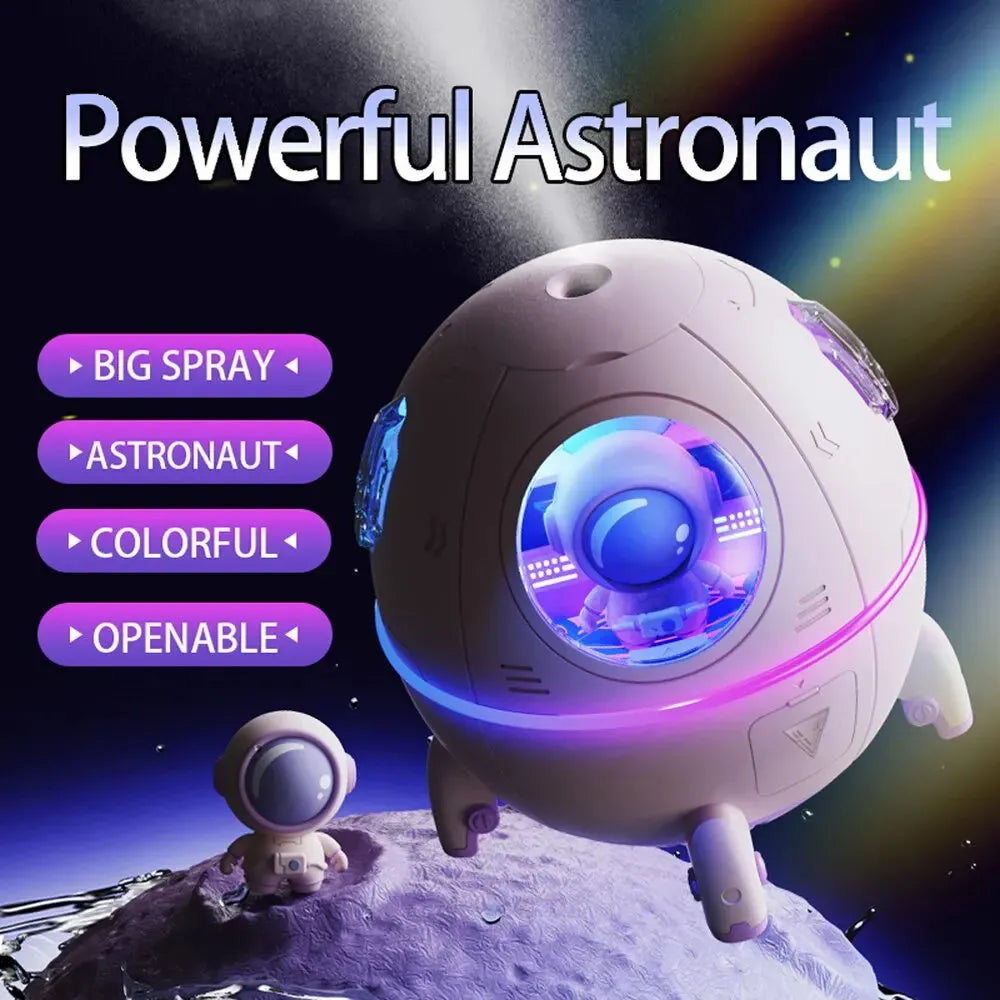 Light purple astronaut-shaped USB humidifier with 220ml tank and colourful LED light on desktop