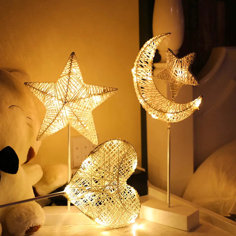 Rattan LED string lights with heart, star, and moon shapes for bedroom decoration