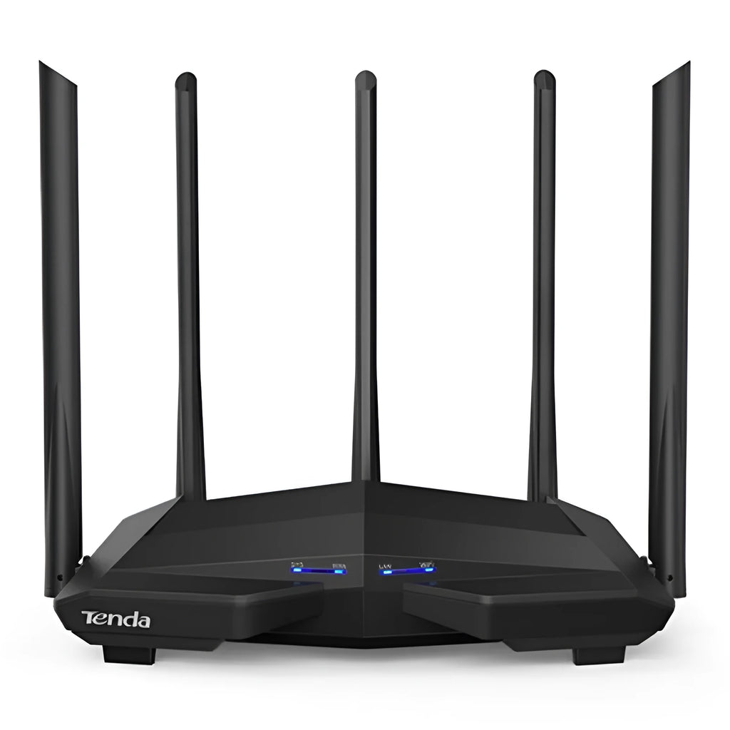 Black AC11 Gigabit wireless router showing four ethernet ports and multiple plug style variants.
