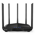 Black AC11 Gigabit wireless router showing four ethernet ports and multiple plug style variants.