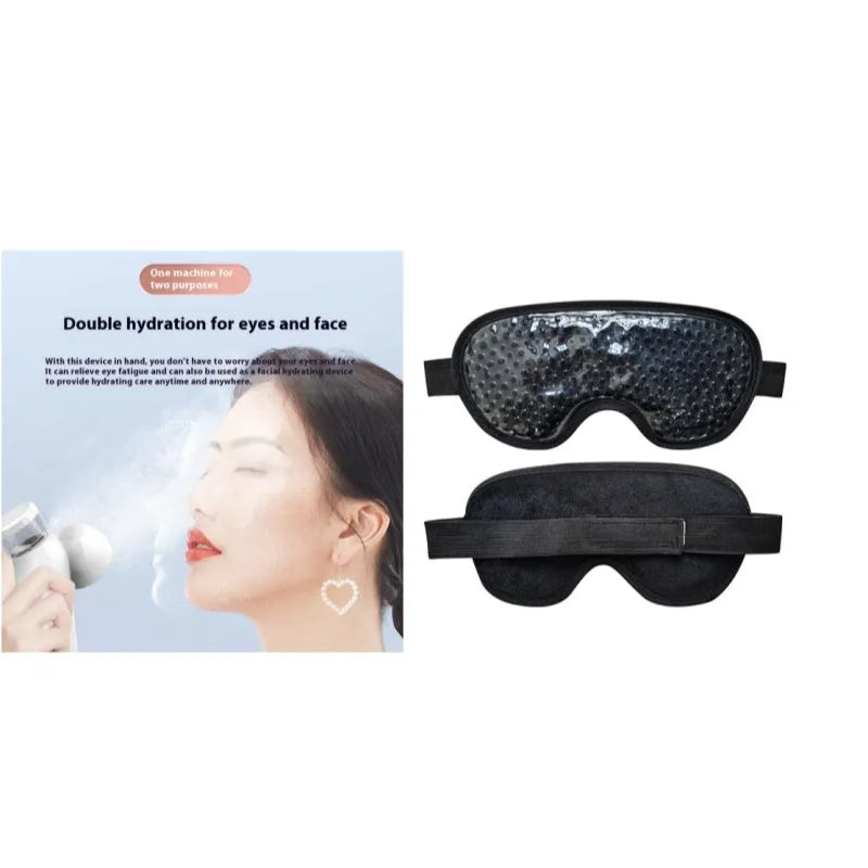 White rechargeable portable eye compress device with USB cable and eye mask.