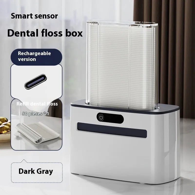 Intelligent induction dental floss box in dark grey colour showing automatic pop-up mechanism with rechargeable battery