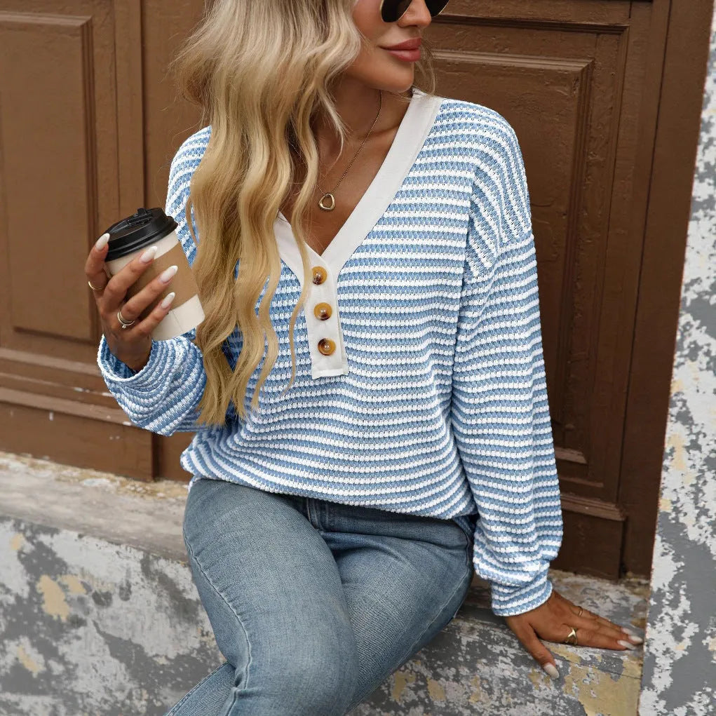 Women's loose fit apricot V-neck long sleeve pullover top with patchwork design detail on front.