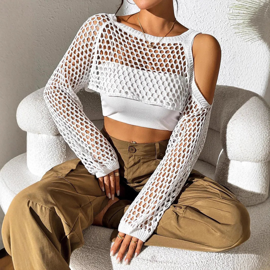 Mesh shirt with navel hollowed design for beachwear in polypropylene fabric, shown in multiple colours.