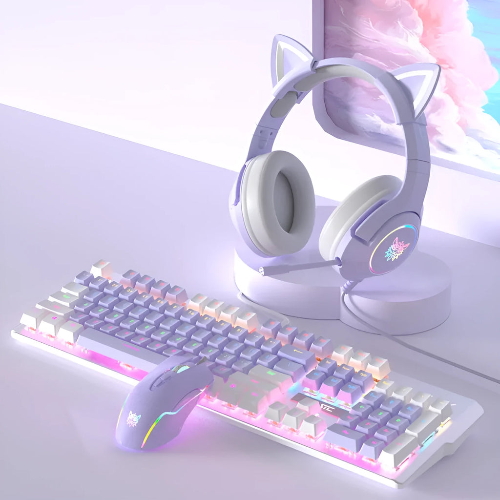 Purple and white mechanical keyboard and mouse combo set with backlit keys on desk