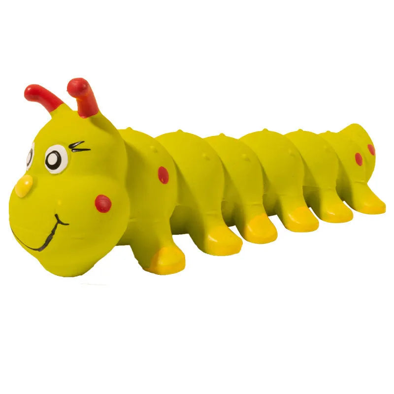 Yellow caterpillar-shaped rubber dog toy with squeaker measuring 25.5 cm