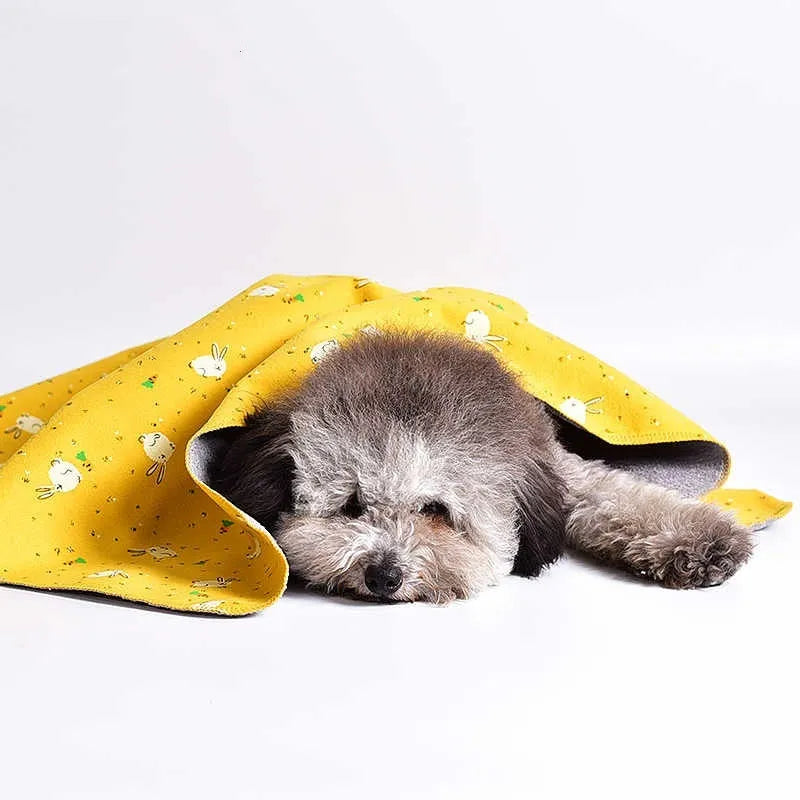 Double-sided cotton wool pet blanket with dinosaur and bear patterns in yellow, pink, grey, blue, and chestnut colours