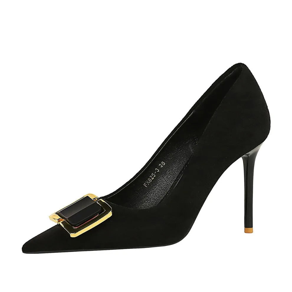 Black suede women's stiletto pump shoes with a 9CM high heel and pointed toe.