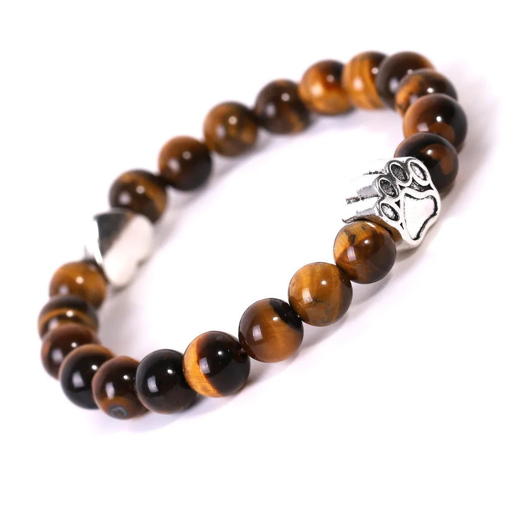 Tiger eye Indian agate stone bracelet with dog's paw beads and love heart charm on adjustable band