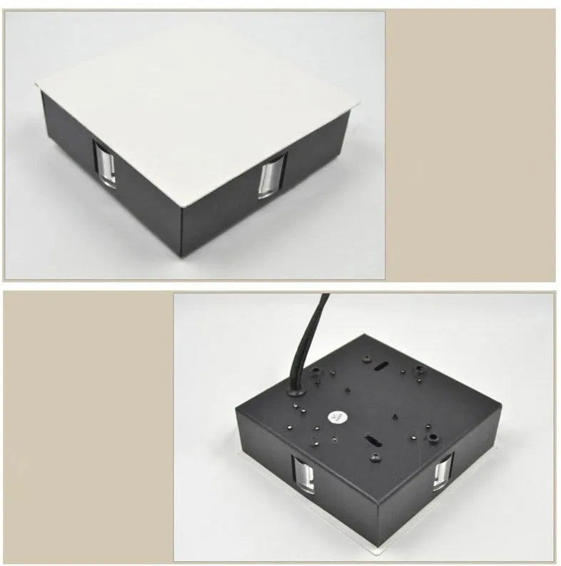 Modern square or round LED aluminium wall light with iron shade showing warm white illumination