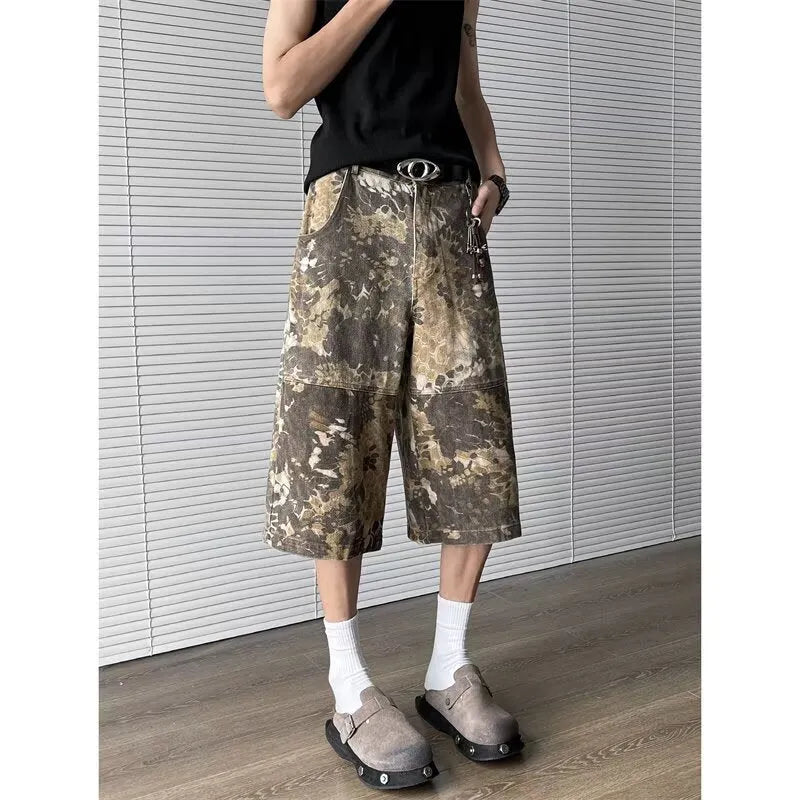Men's bright yellow snake pattern camouflage jeans with cropped leg and tooling detail