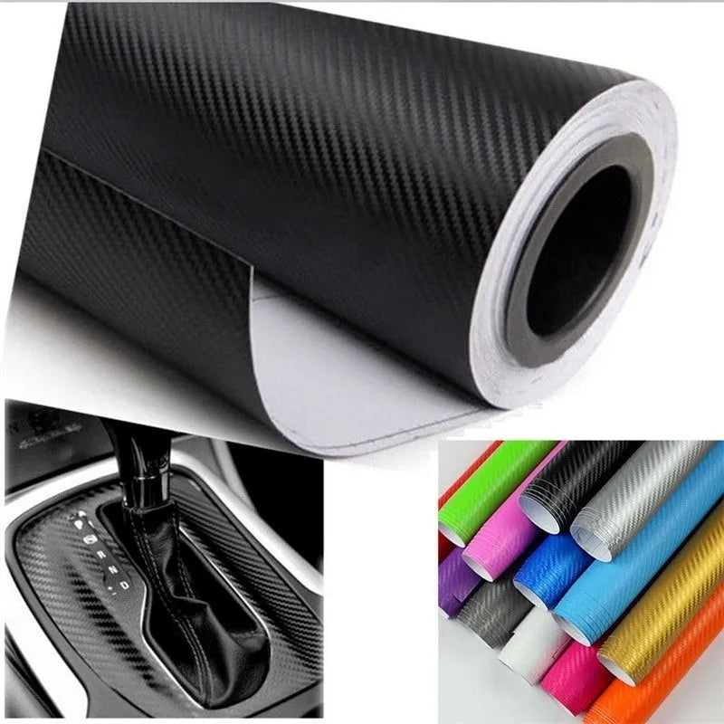 Roll of 3D carbon fiber patterned vinyl sticker for car decoration, showing textured surface